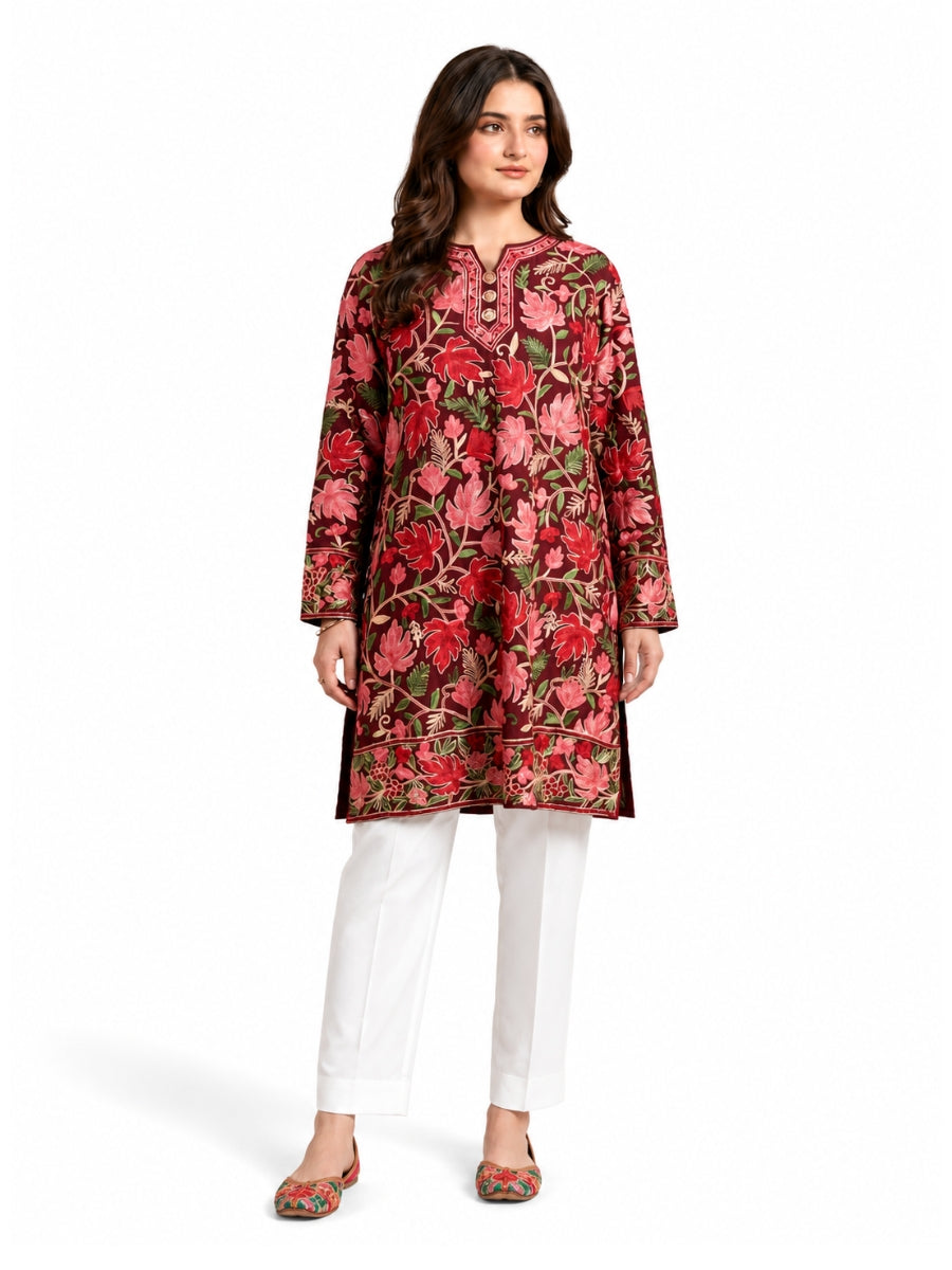 Noor : chinar embroidery summer kurti | Dark Red